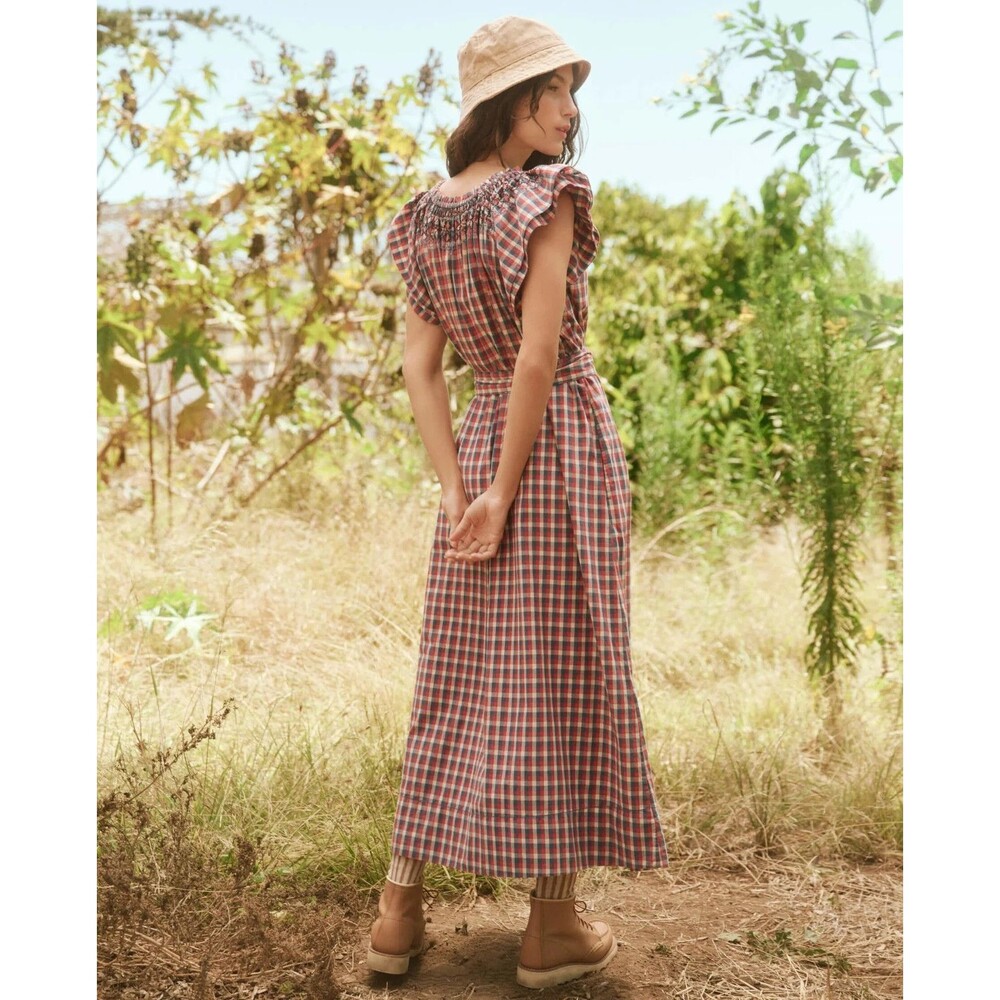 The Great The Holly Knoll Maxi Dress Smocked Plaid Printed Short Sleeve L 286111 - Picture 2 of 12